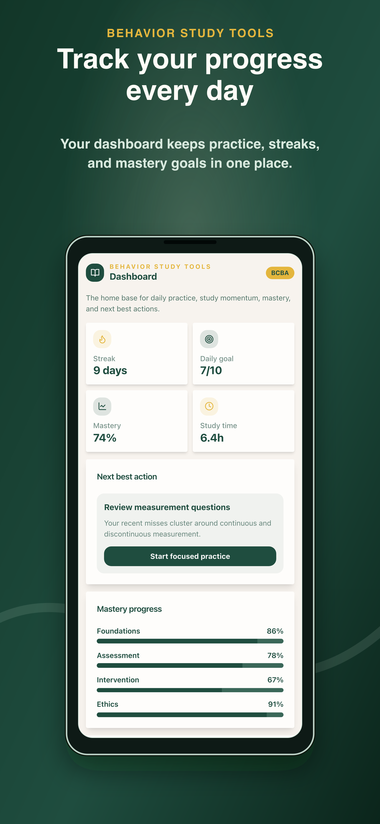 Behavior Study Tools iPhone dashboard with streak, mastery, daily goal, and recommended next practice